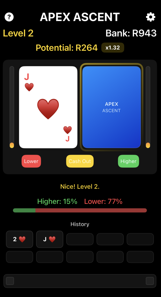 Apex Ascent gameplay screen showing the closed-beta card climbing interface at Level 2